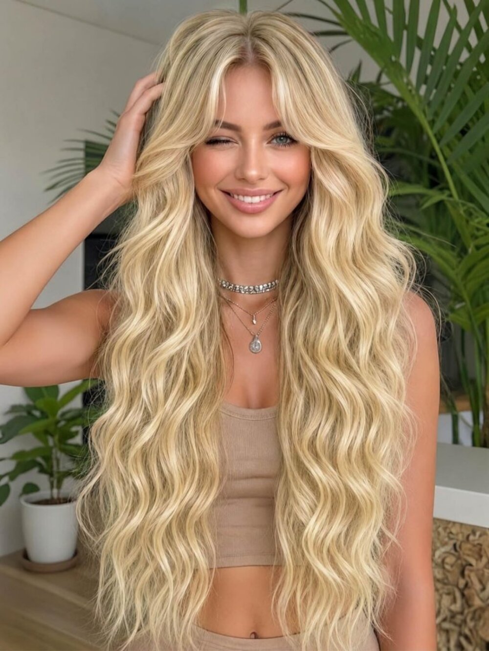 Long Blonde Wavy Lace T-Part Wig for Women - 28 Inch Synthetic Hairpiece